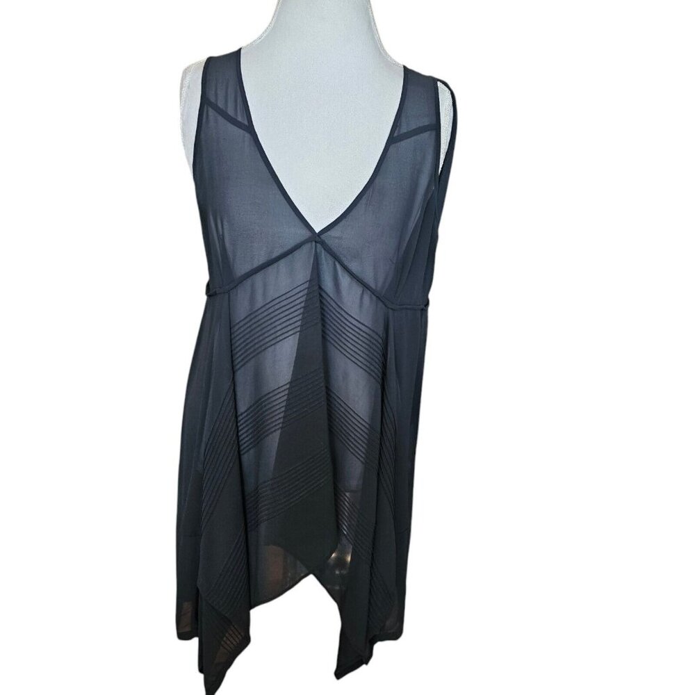 Retro Y2K Womens L Black Sheer Babydoll Blouse Sleeveless Assymetrical Hem Goth